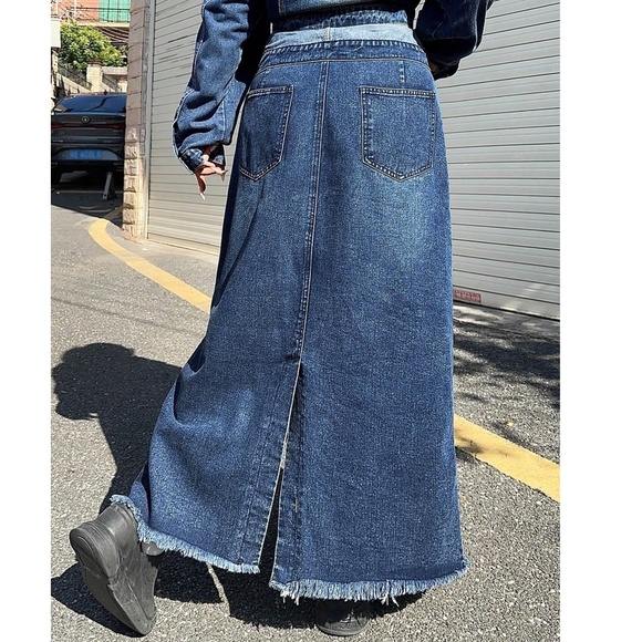 Plus Dark Wash High Waisted Button Denim Jean Maxi Skirt - Picture 2 of 5